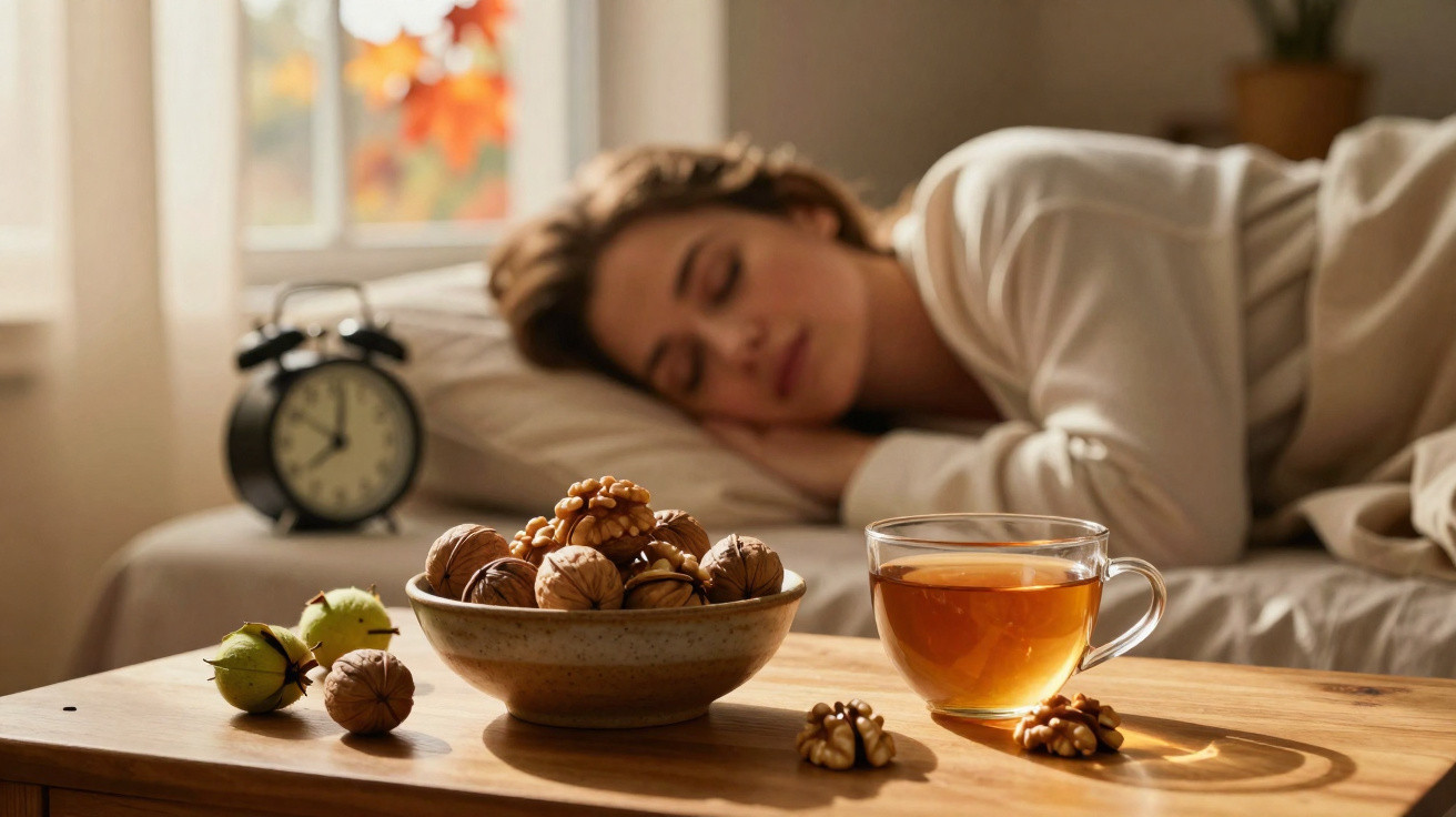 Mulher a dormir numa cama, com chá e nozes numa mesa à frente, num ambiente acolhedor de manhã.