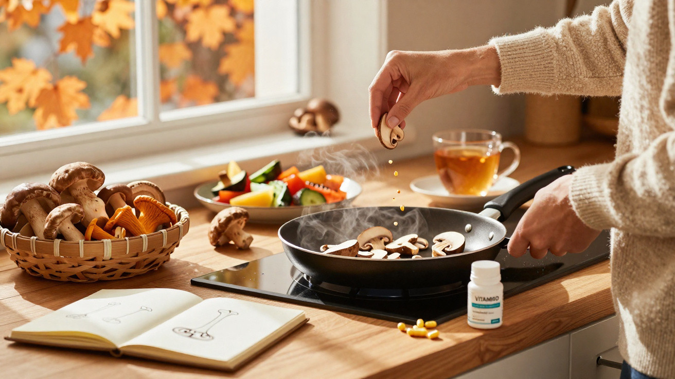 Pessoa a cozinhar cogumelos numa frigideira, com jarra de chá, caderno de receitas e legumes numa bancada iluminada.