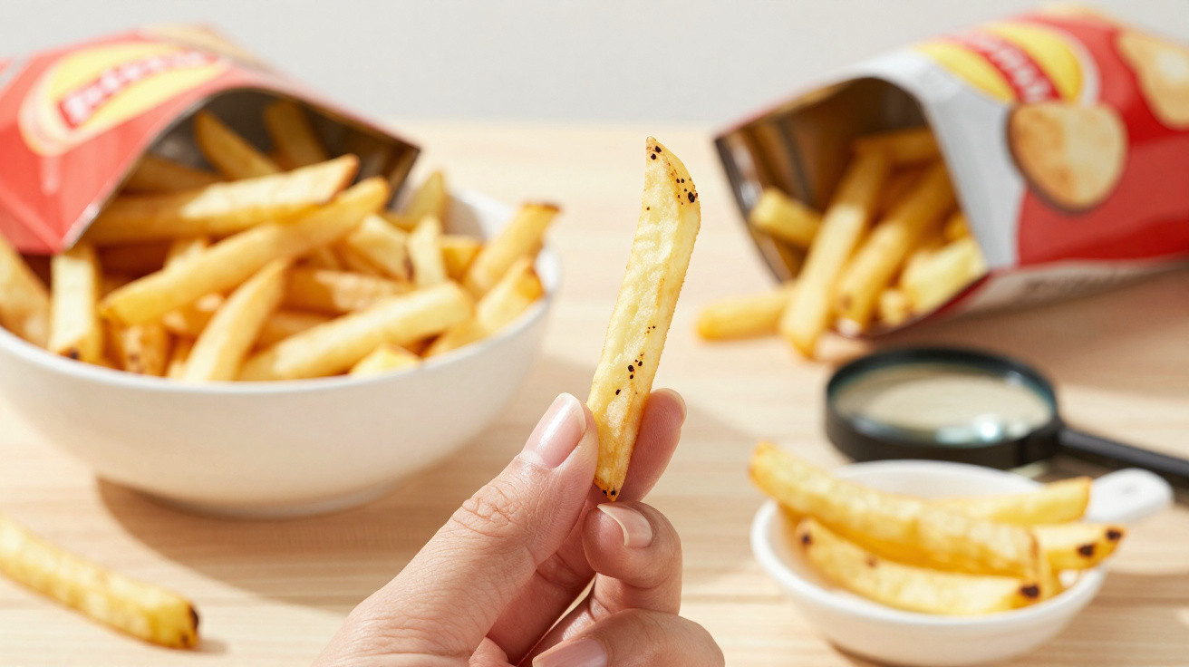 Mão segurando batata frita queimada à frente de tigela e embalagens de batatas fritas e molho.
