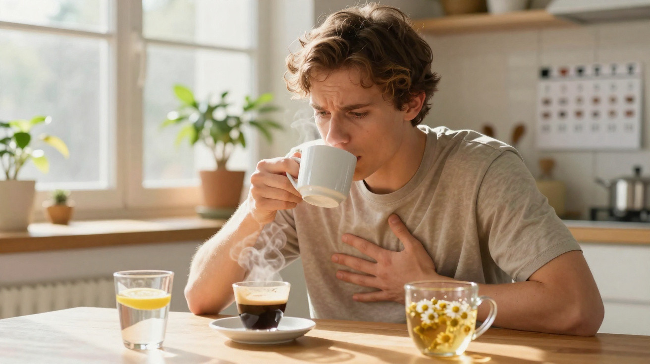 Jovem a beber café com expressão de desconforto, segurando o peito numa cozinha iluminada.