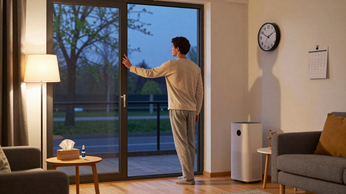 Homem de pijama a abrir porta de vidro para varanda numa sala iluminada à noite.