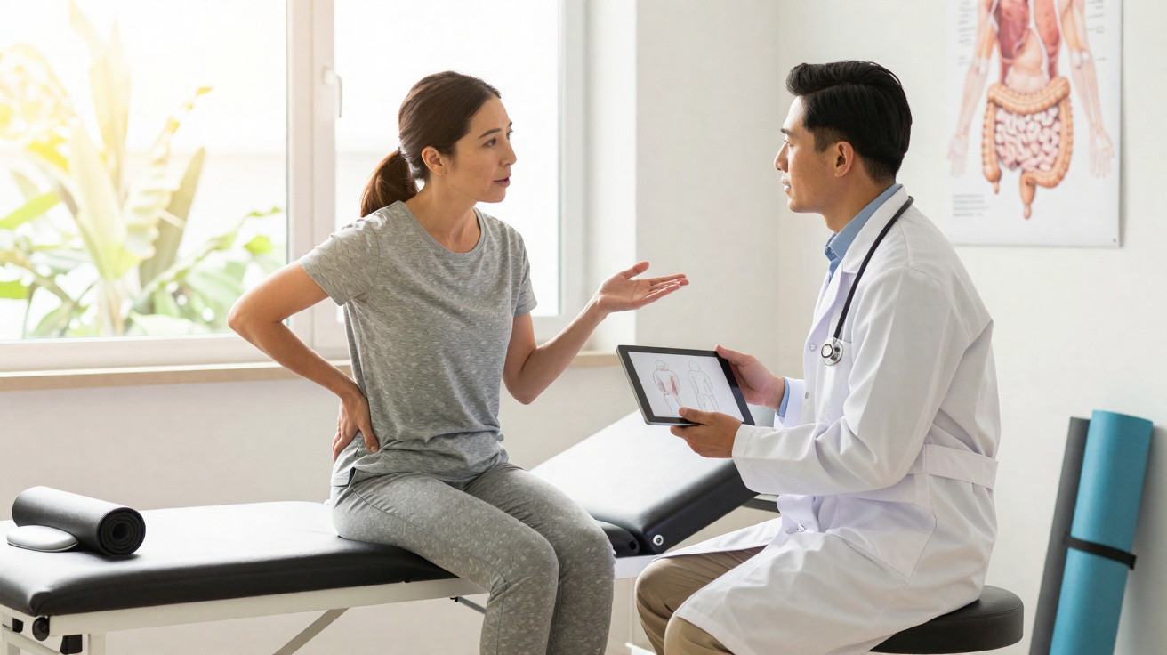 Mulher queixa-se de dor nas costas a médico durante consulta numa clínica com ilustração anatómica.