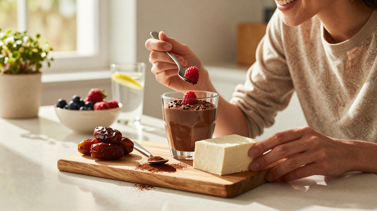 Pessoa a saborear mousse de chocolate com frutos vermelhos numa mesa com tâmaras e bloco de queijo.