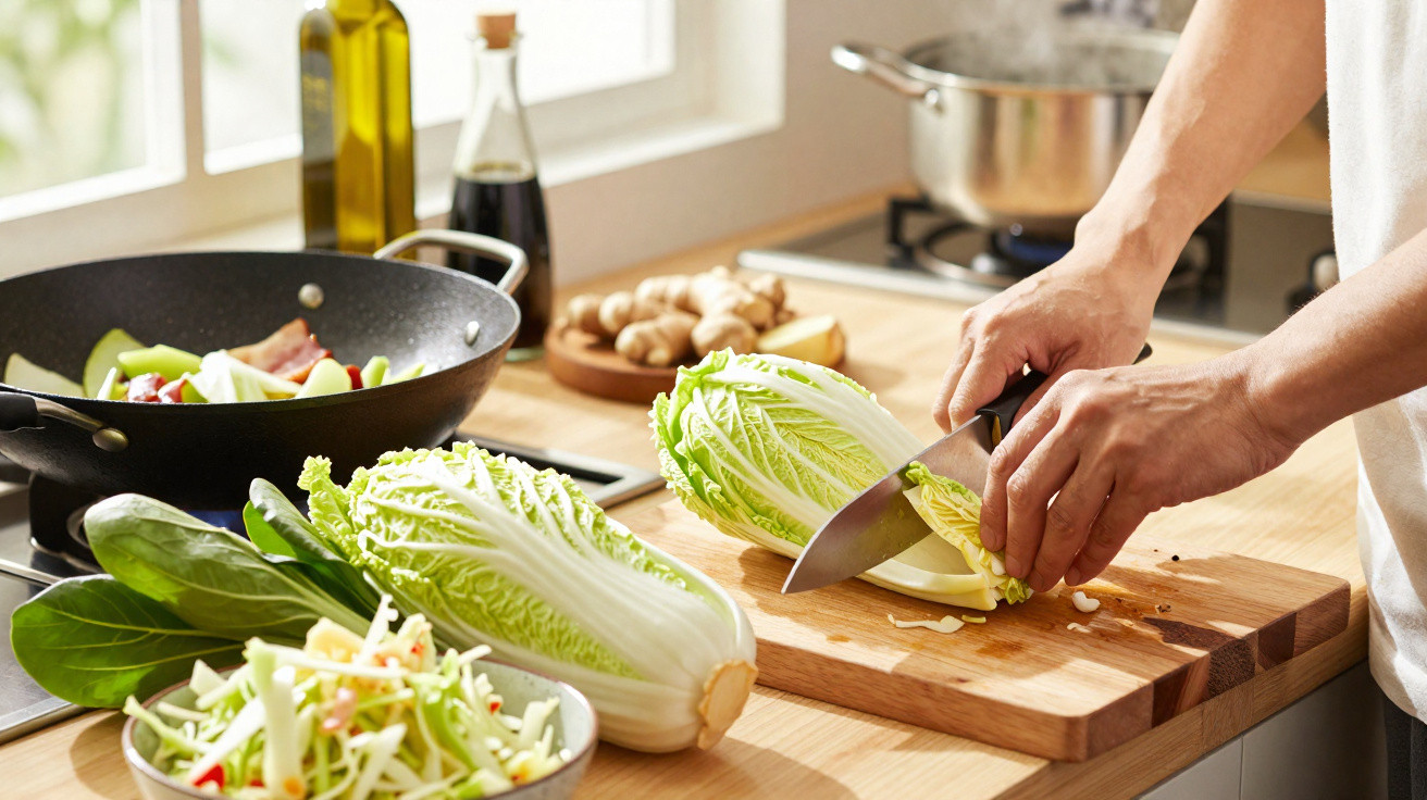 Pessoa a cortar couve chinesa numa tábua com legumes frescos e frigideira na cozinha moderna.