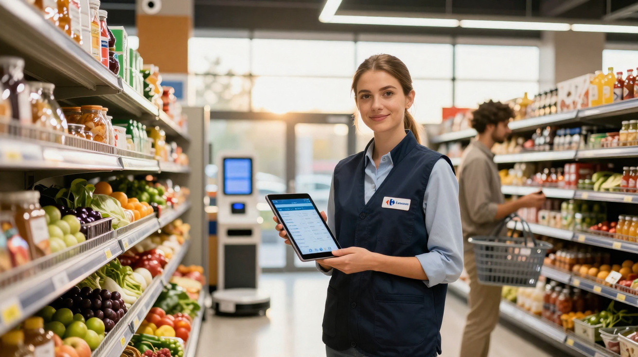 Funcionária de supermercado com tablet na mão em corredor de frutas e legumes, cliente ao fundo a fazer compras.