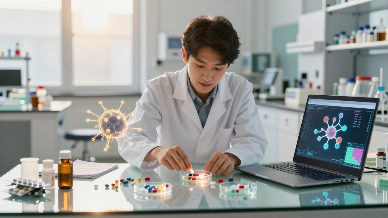 Cientista em laboratório a analisar amostras em placas de Petri com laptop e molécula digital ao lado.