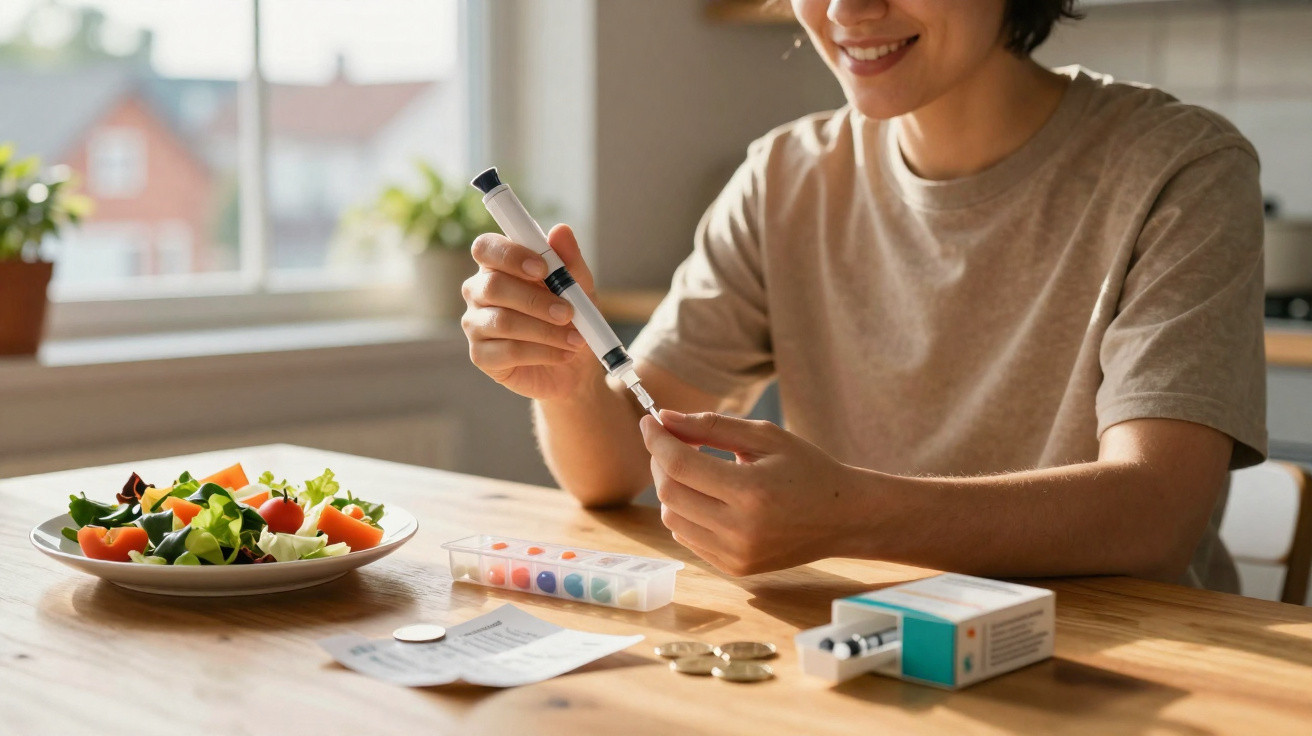 Pessoa a medir a glicose no sangue com lanceta, perto de uma salada, comprimidos e notas numa mesa.
