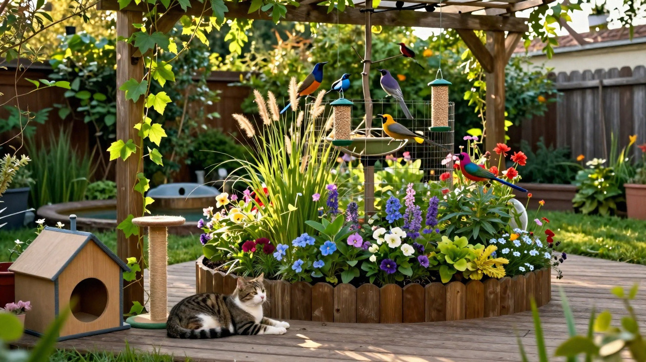 Gato repousa junto a um cantinho de jardim com flores coloridas e diversas aves em comedouros suspensos.