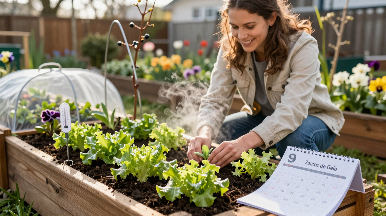 Mulher sorridente a plantar alfaces numa horta elevada com calendário de setembro ao lado.