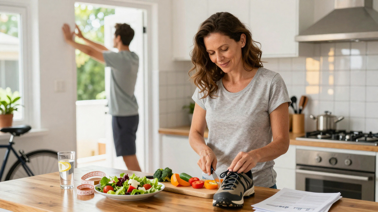 Mulher amarra ténis na cozinha com salada e legumes frescos à frente, homem abre janela ao fundo.