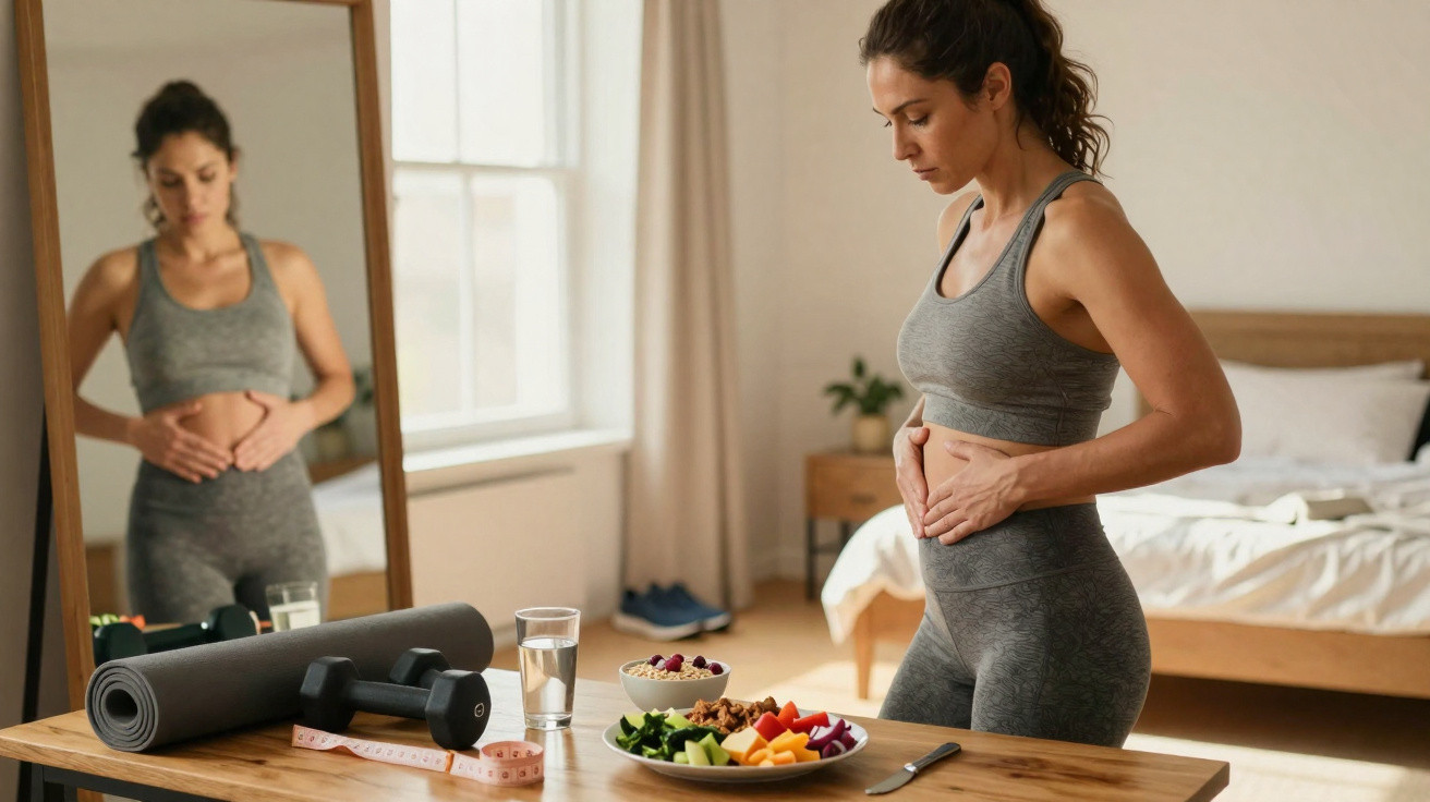 Mulher em roupa de treino analisando a barriga com alimentos saudáveis e equipamentos de exercício numa mesa.