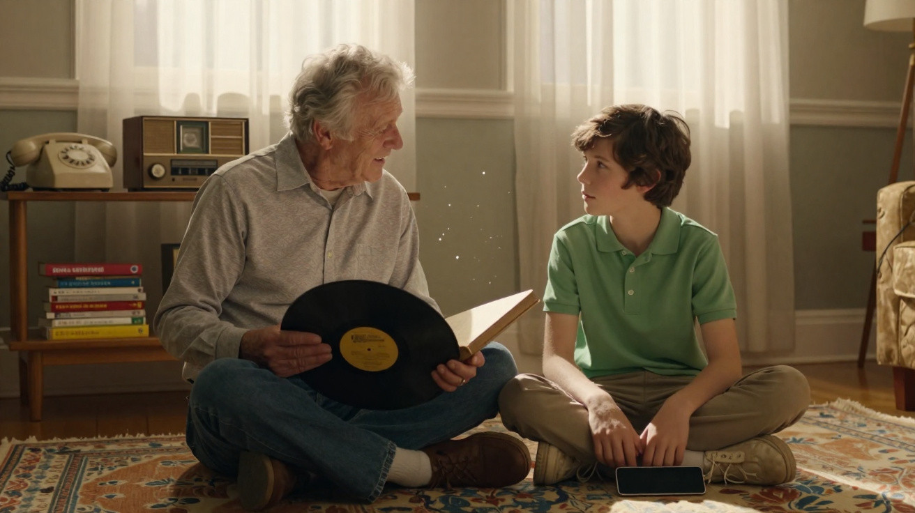Idoso e menino sentados no chão de uma sala, com disco de vinil e telefone móvel à sua frente.