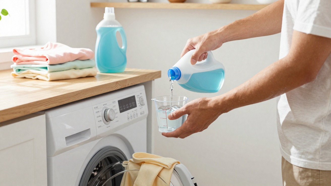 Pessoa a medir detergente líquido para máquina de lavar roupa branca aberta numa lavandaria doméstica.