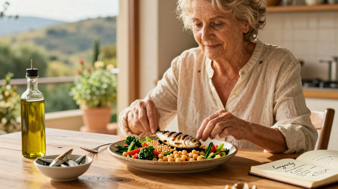 Mulher idosa a preparar uma refeição saudável com peixe grelhado e legumes à mesa numa cozinha luminosa.