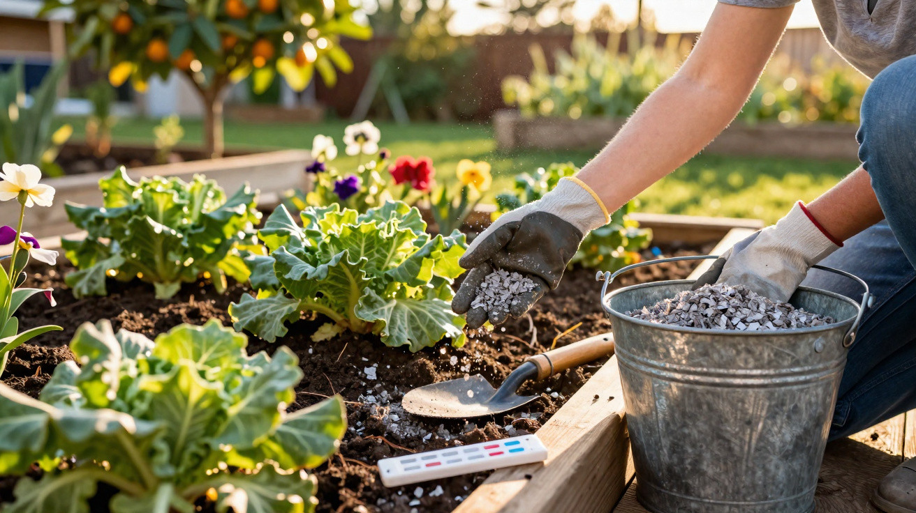 Pessoa a adubar canteiro de flores com granulado branco, usando luvas e utensílios de jardinagem.