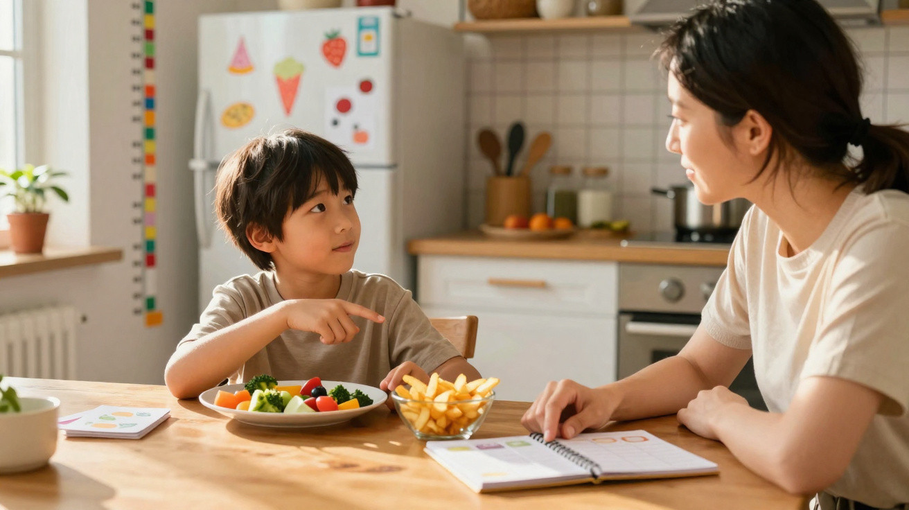 Criança a conversar com adulta enquanto escolhe entre legumes e batatas fritas numa cozinha luminosa.