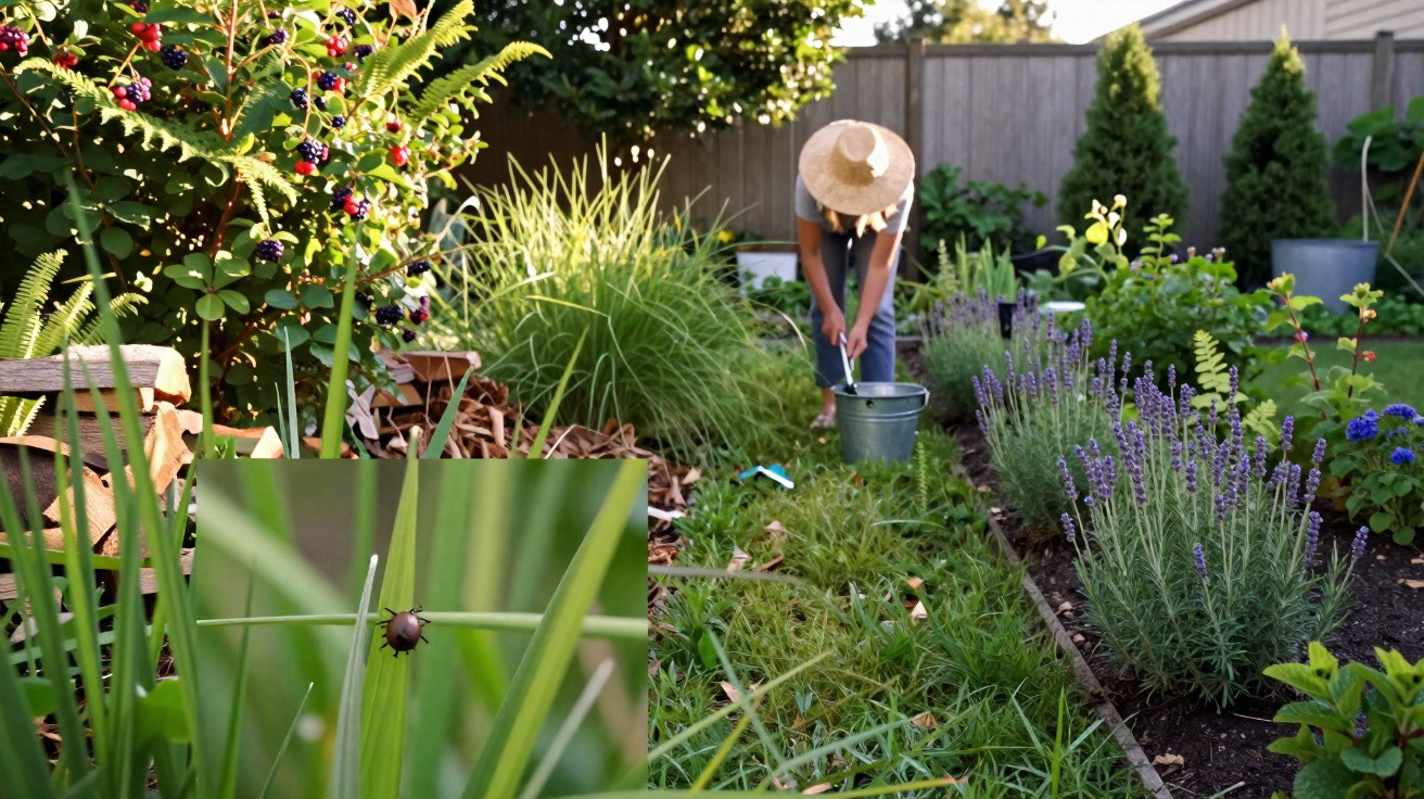 Pessoa com chapéu de palha a cuidar de plantas num jardim com flores e arbustos diversos.