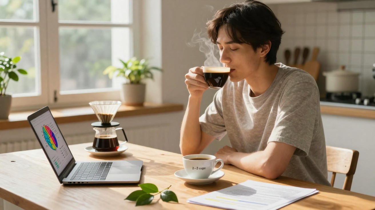Jovem sentado à mesa a beber café quente com computador portátil aberto ao lado numa cozinha luminosa.