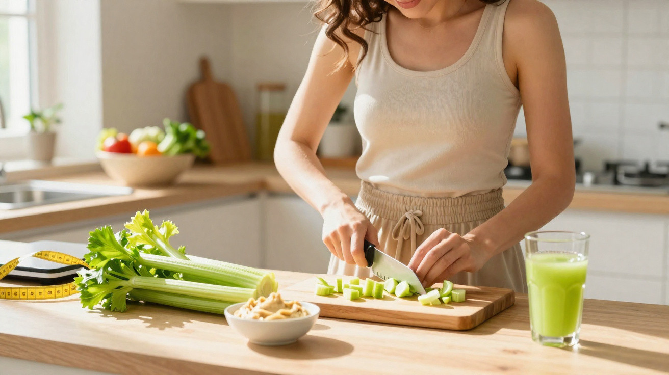 Pessoa a cortar aipo numa tábua de madeira numa cozinha moderna com sumo verde ao lado.