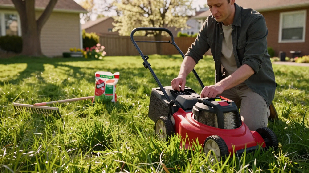 Homem prepara corta-relva vermelho para cortar relva alta num jardim com luvas de trabalho.