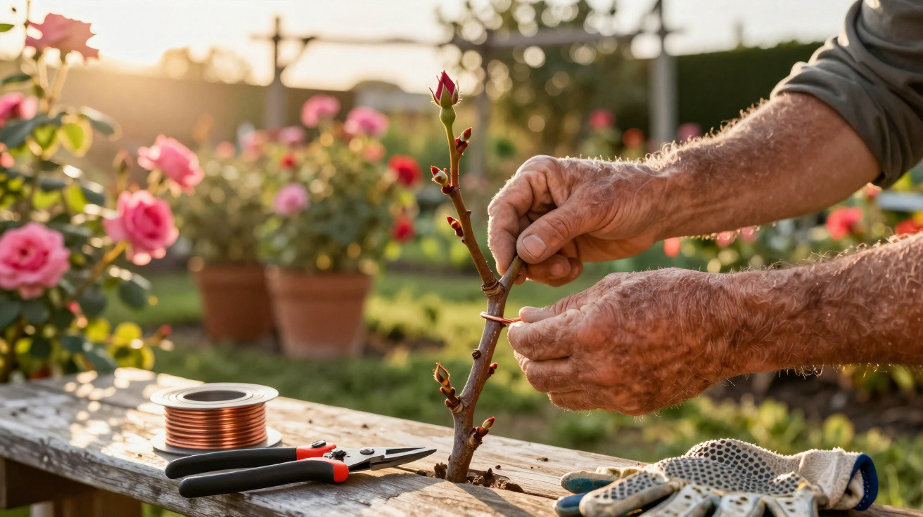 Mãos de idoso enrolando fio numa planta de rosa num jardim com flores e ferramentas ao pôr do sol.