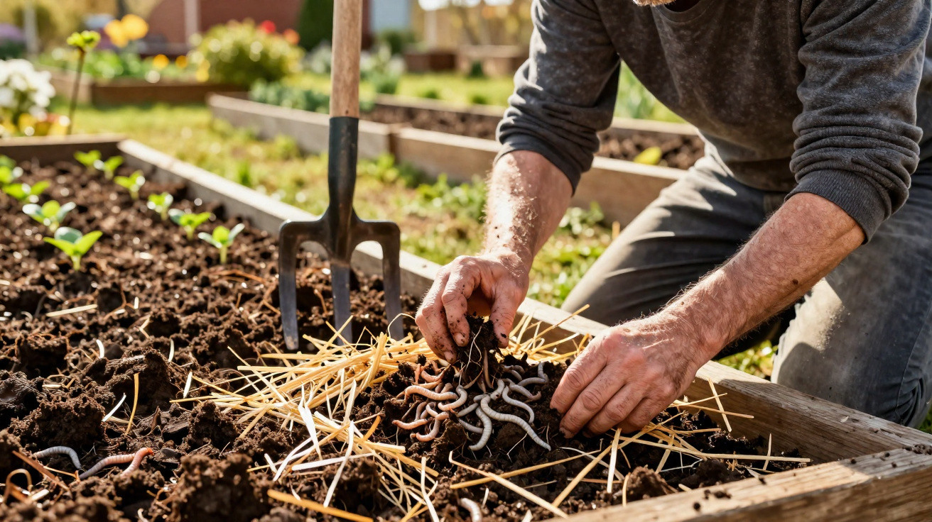 Pessoa a preparar composto orgânico com minhocas num canteiro elevado de jardinagem.