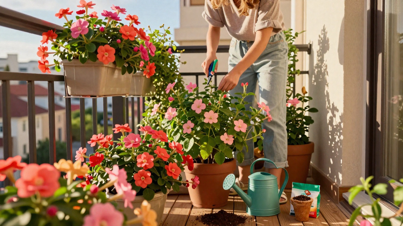 Pessoa a cuidar de flores coloridas num terraço com regador e terra espalhada no chão.