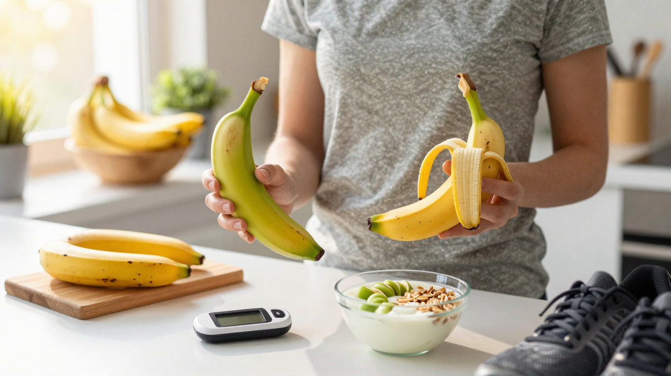 Pessoa a escolher entre banana verde e banana madura junto de um monitor de glicose e comida saudável.