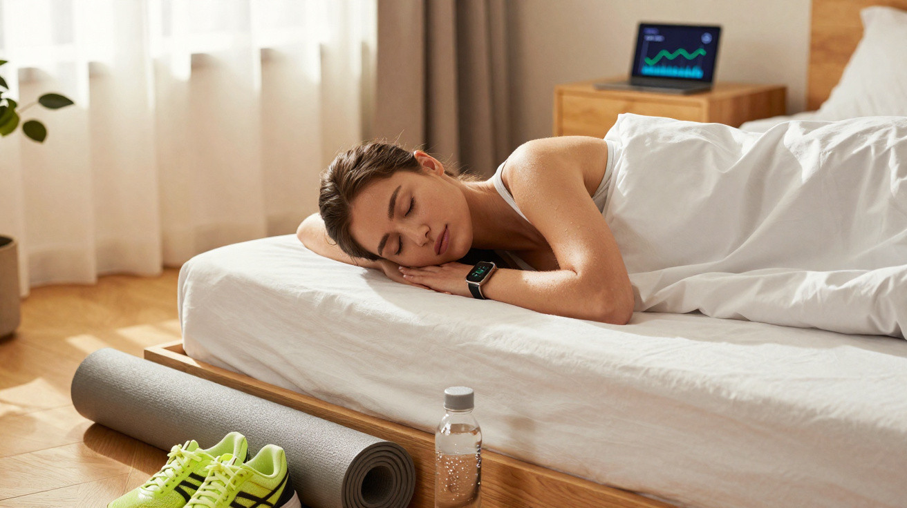 Mulher a dormir na cama com relógio inteligente, ao lado tênis, tapete de yoga e garrafa de água.