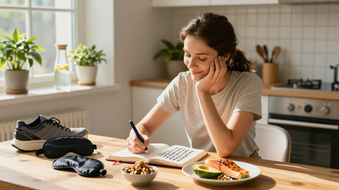 Mulher sentada na cozinha a escrever num caderno, com comida saudável e ténis na mesa junto à janela iluminada.
