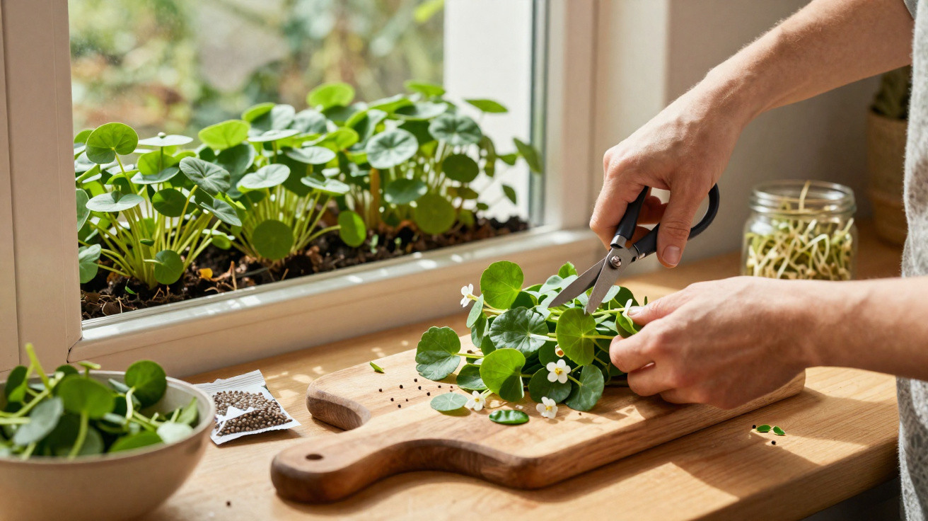 Mãos a cortar plantas frescas verdes com flores brancas numa tábua de madeira perto de janela.