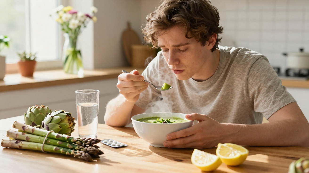 Jovem sentado à mesa a comer sopa de espargos verdes numa cozinha iluminada e com limões cortados.