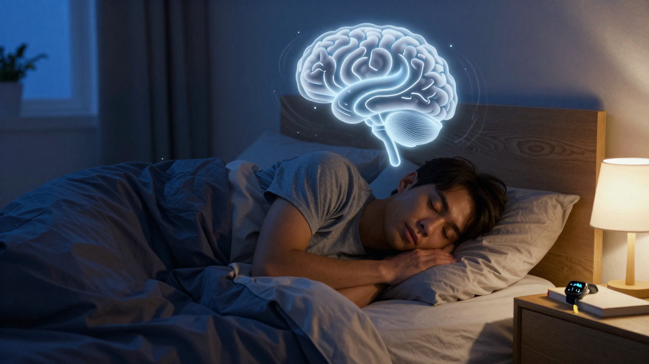 Homem a dormir na cama com imagem digital de cérebro luminosa acima da cabeça.