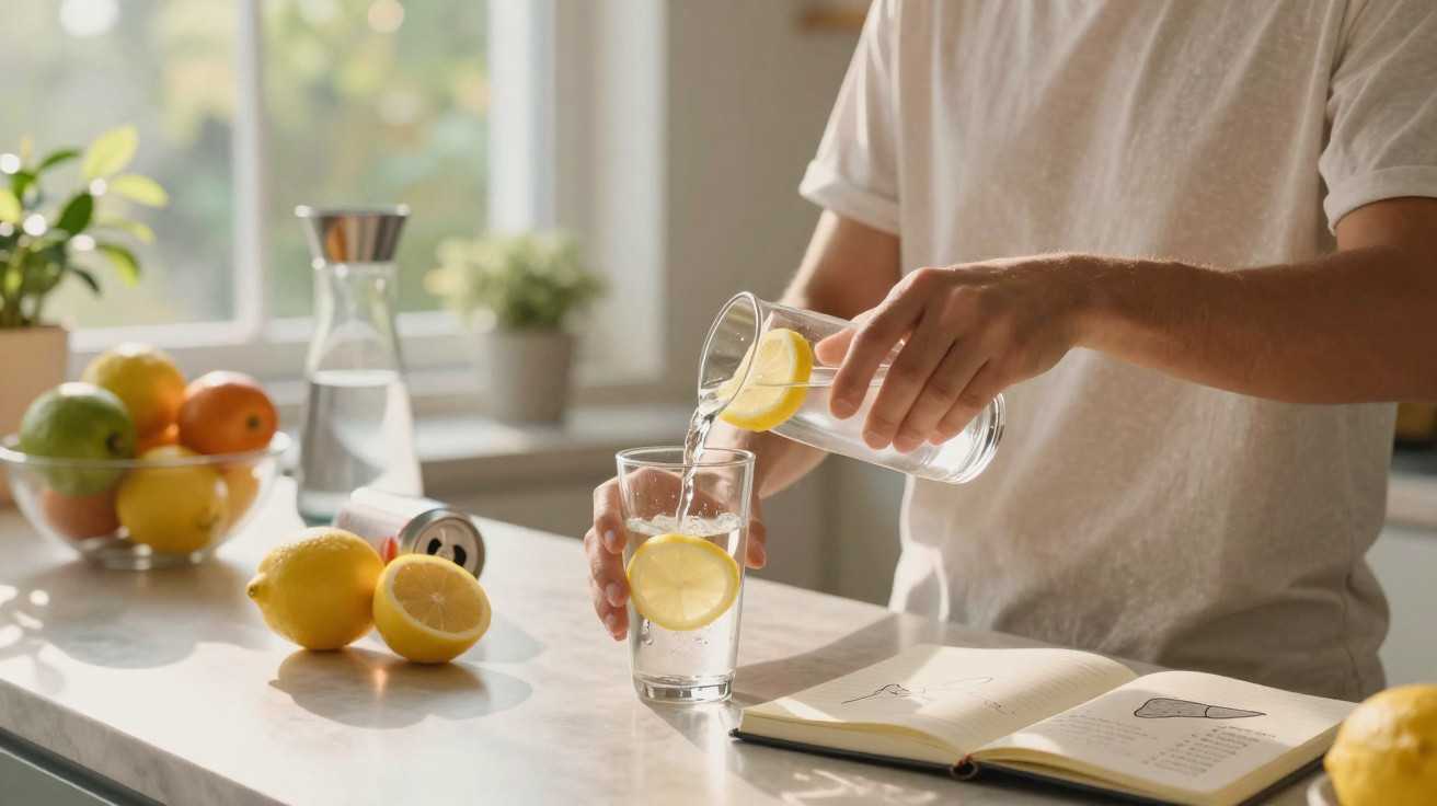 Pessoa a servir água com limão num copo na cozinha, com fruta e livro sobre a mesa.