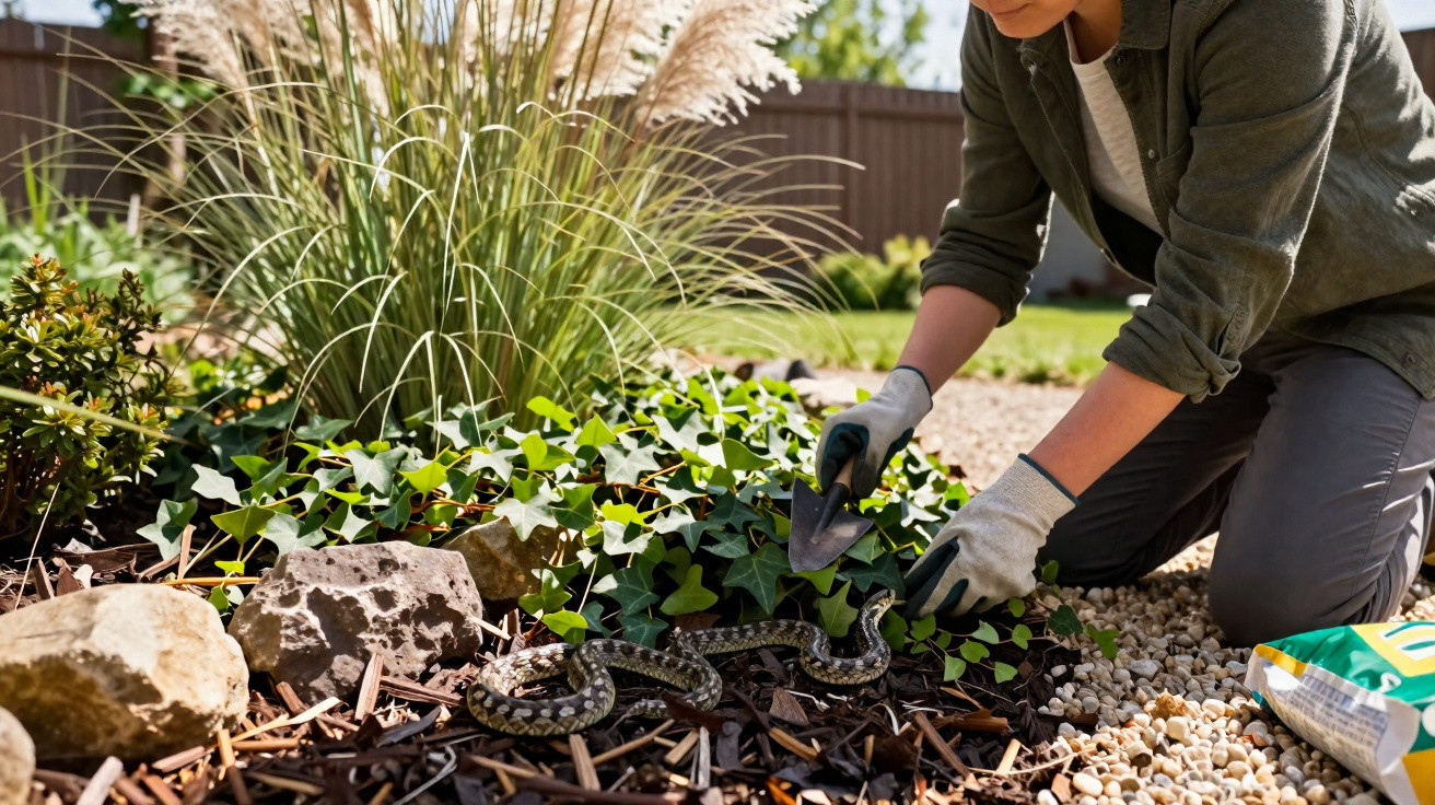 Pessoa com luvas a remover cobra de jardim com espátula junto a plantas e pedras decorativas.