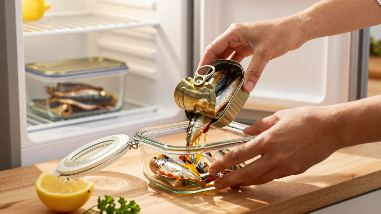 Pessoa a colocar sardinhas de lata num recipiente de vidro com tampa numa cozinha, próximo de frigorífico aberto.
