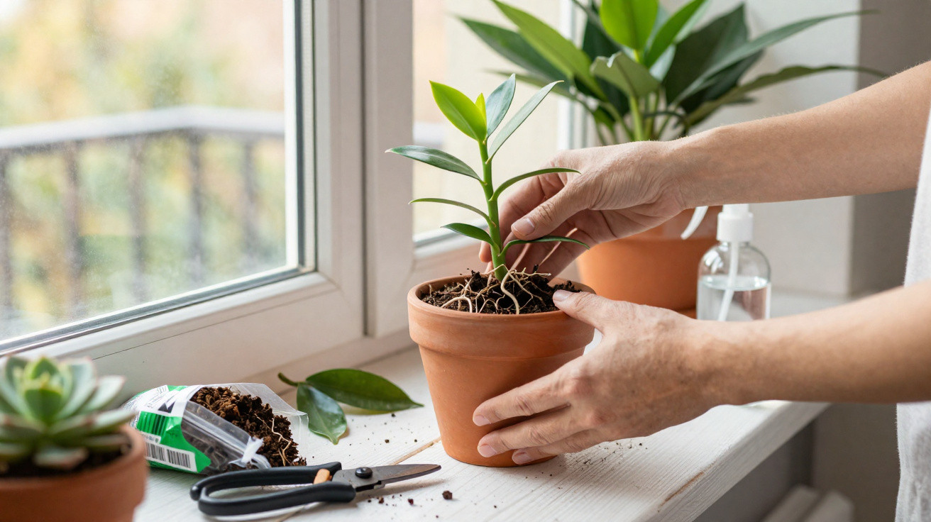 Mãos a transplantar uma planta jovem num vaso de barro numa janela com materiais de jardinagem ao lado.