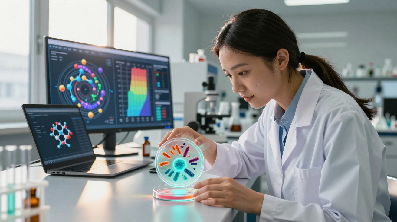Cientista em bata branca observa colónias coloridas numa placa de Petri num laboratório moderno.
