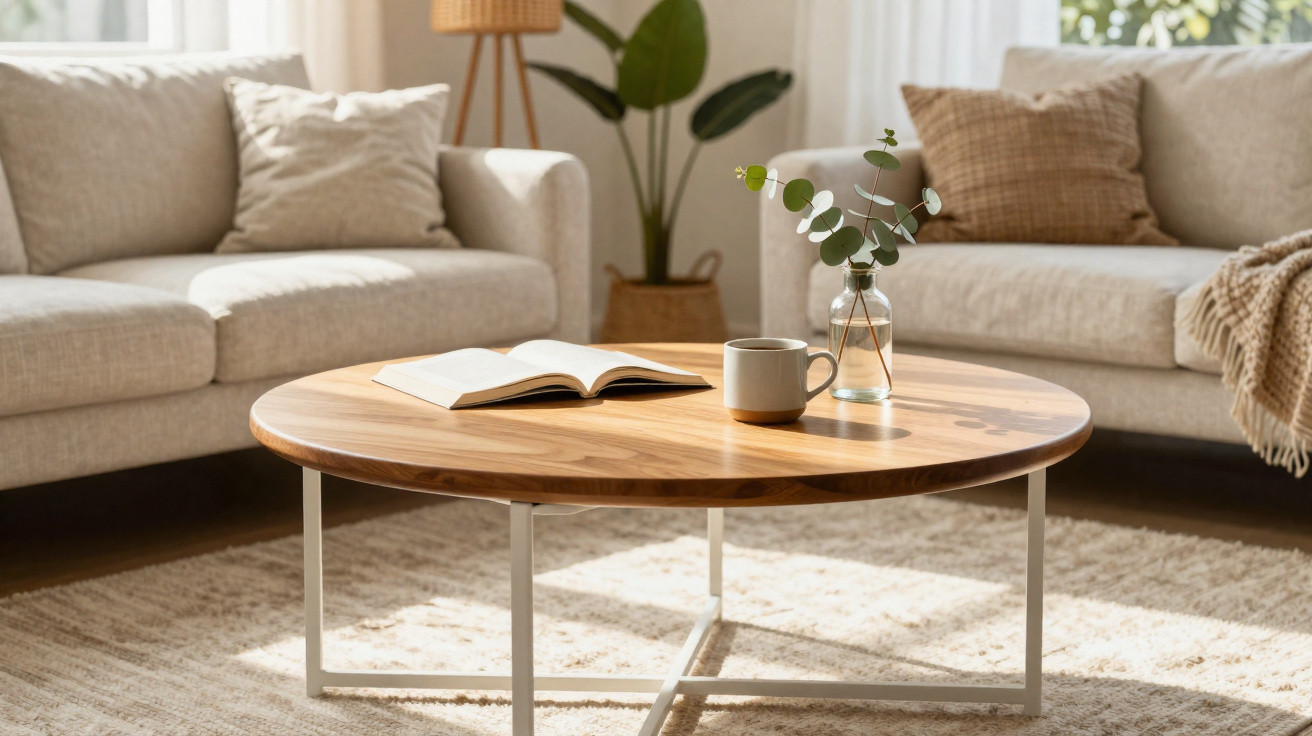 Mesa de centro redonda em madeira com livro aberto, chávena e vaso com plantas, entre dois sofás bege.