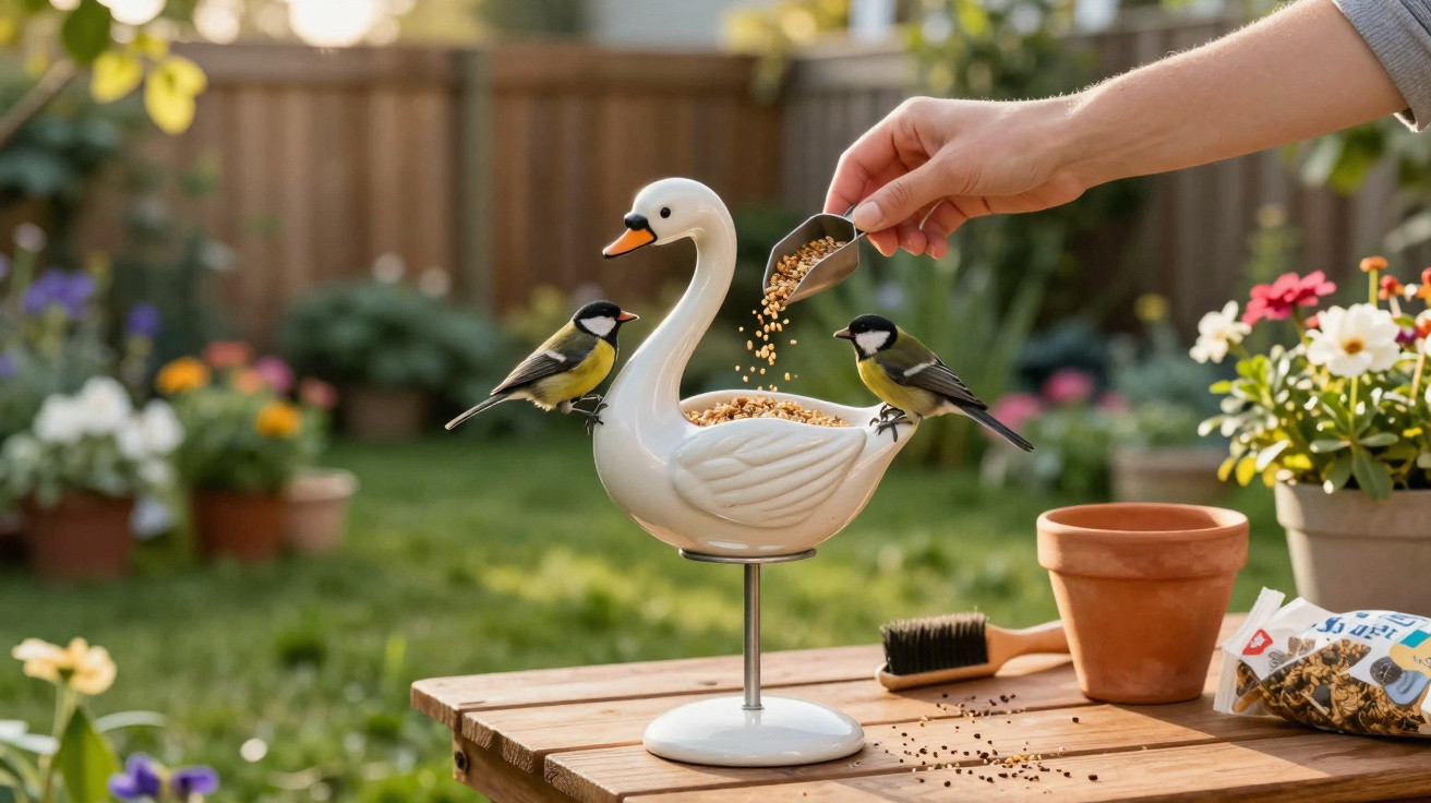 Alimentador de pássaros em forma de cisne com dois pássaros a comerem sementes numa mesa de jardim.