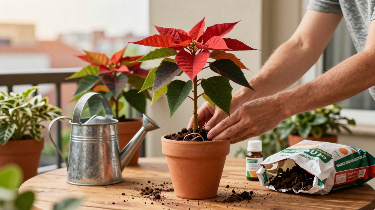 Mãos a cuidar de uma planta em vaso de barro com folhas vermelhas, regador e terra numa mesa de madeira.