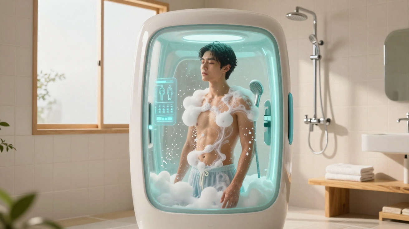 Jovem dentro de cabine de duche futurista com espuma, luz azul e comandos digitais numa casa de banho moderna.