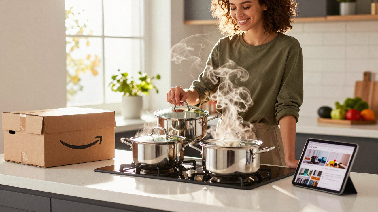 Mulher sorridente a cozinhar com três panelas a ferver num fogão numa cozinha moderna com caixa de encomenda Amazon.