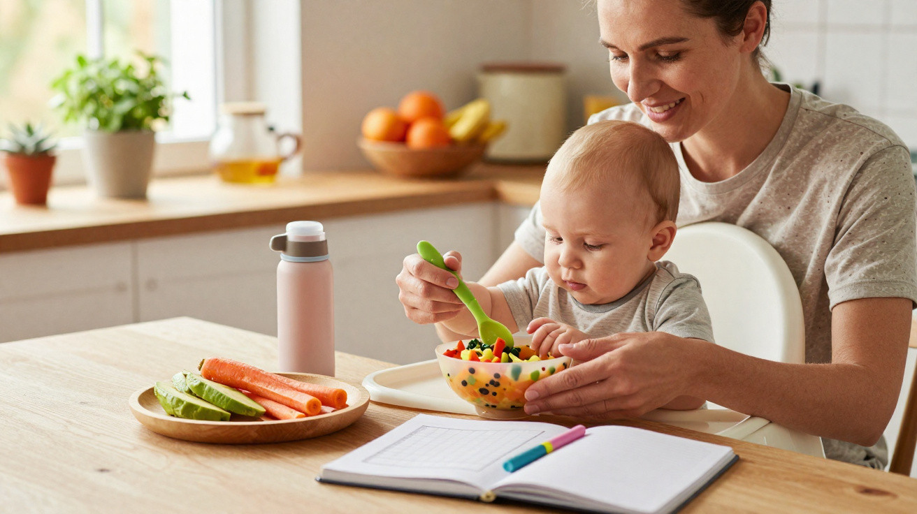 Mãe a alimentar bebé com colher de plástico na cozinha iluminada, fruta e legumes na mesa.
