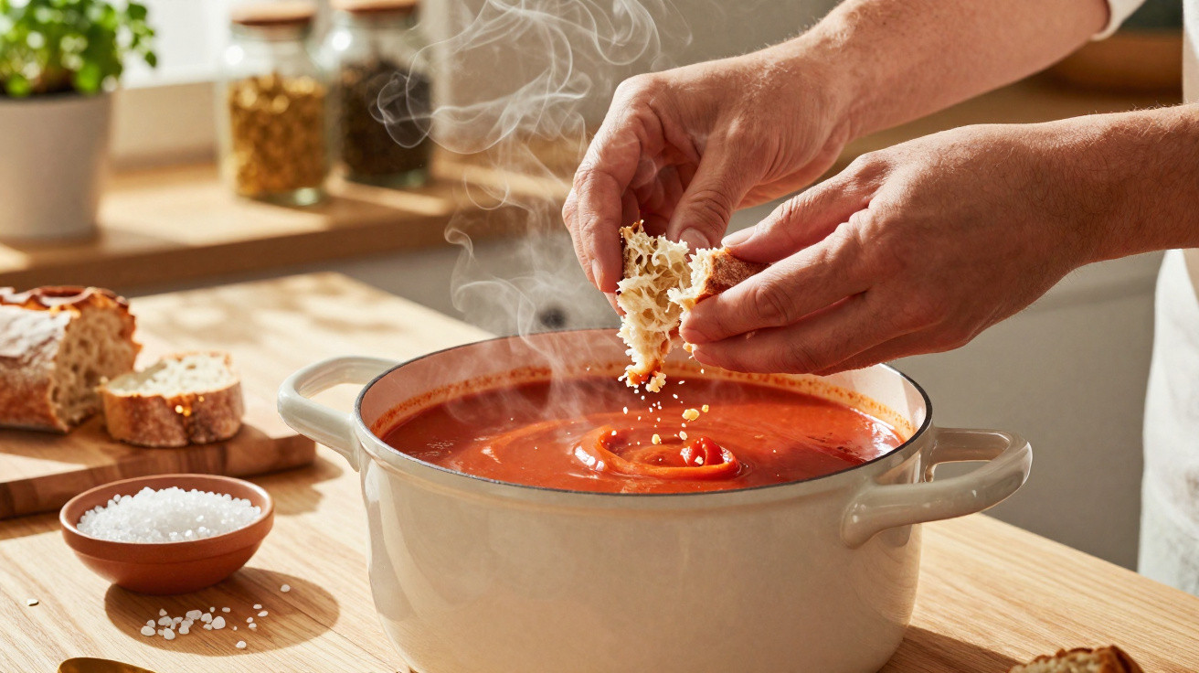 Mãos a partir pão quente para dentro de panela com sopa de tomate fumegante numa cozinha iluminada.