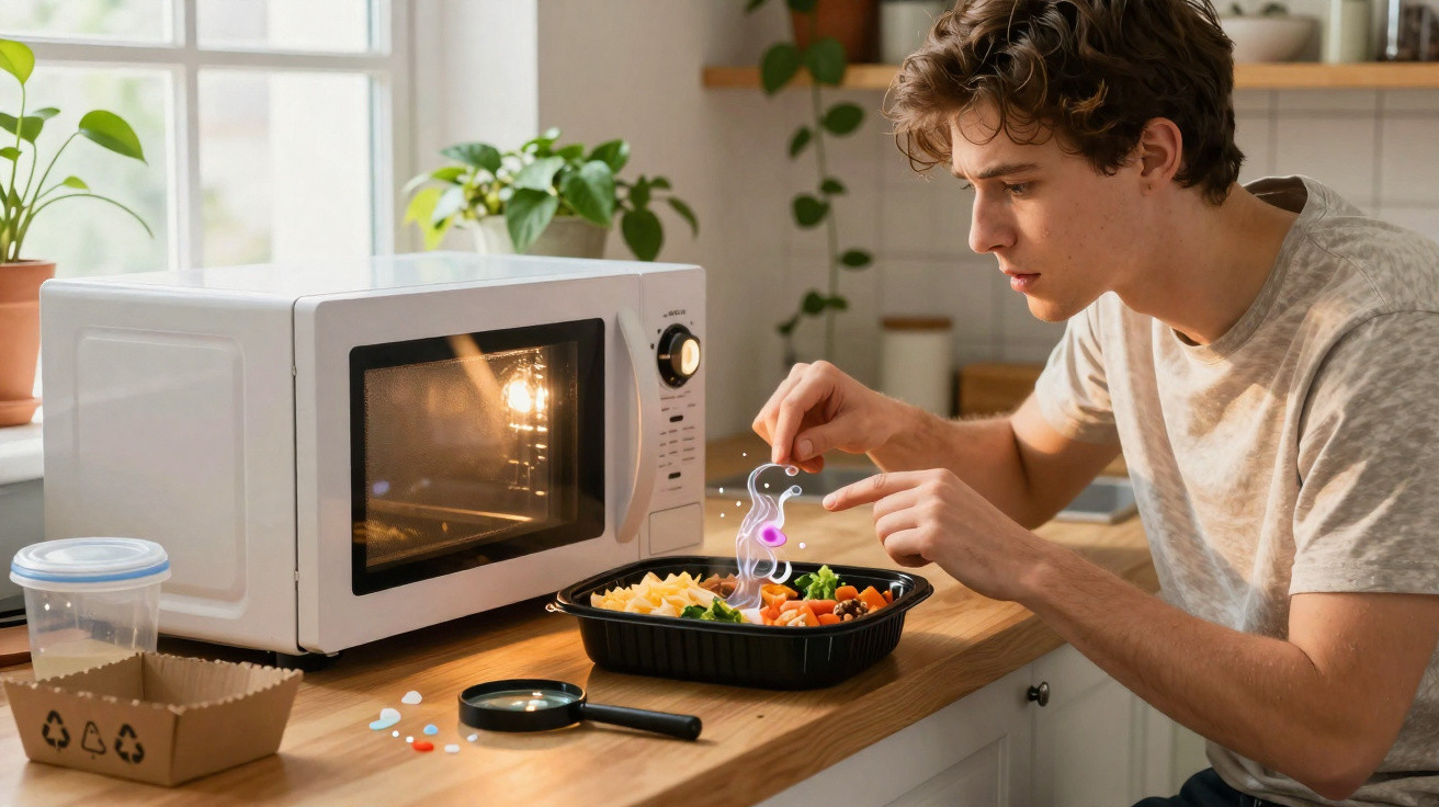 Jovem a adicionar tempero em refeição pronta na kitchen next to um micro-ondas em funcionamento.