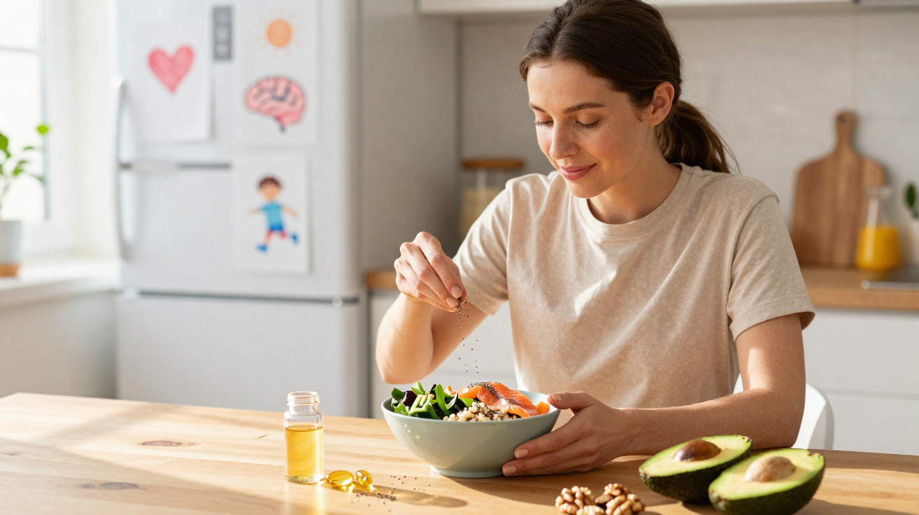 Mulher jovem tempera salada saudável numa cozinha luminosa com abacate e nozes na mesa.