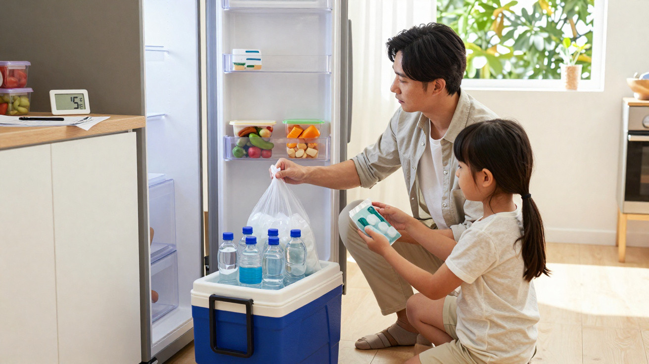 Homem e menina a guardar bebidas e alimentos numa caixa térmica junto a um frigorífico aberto numa cozinha iluminada.