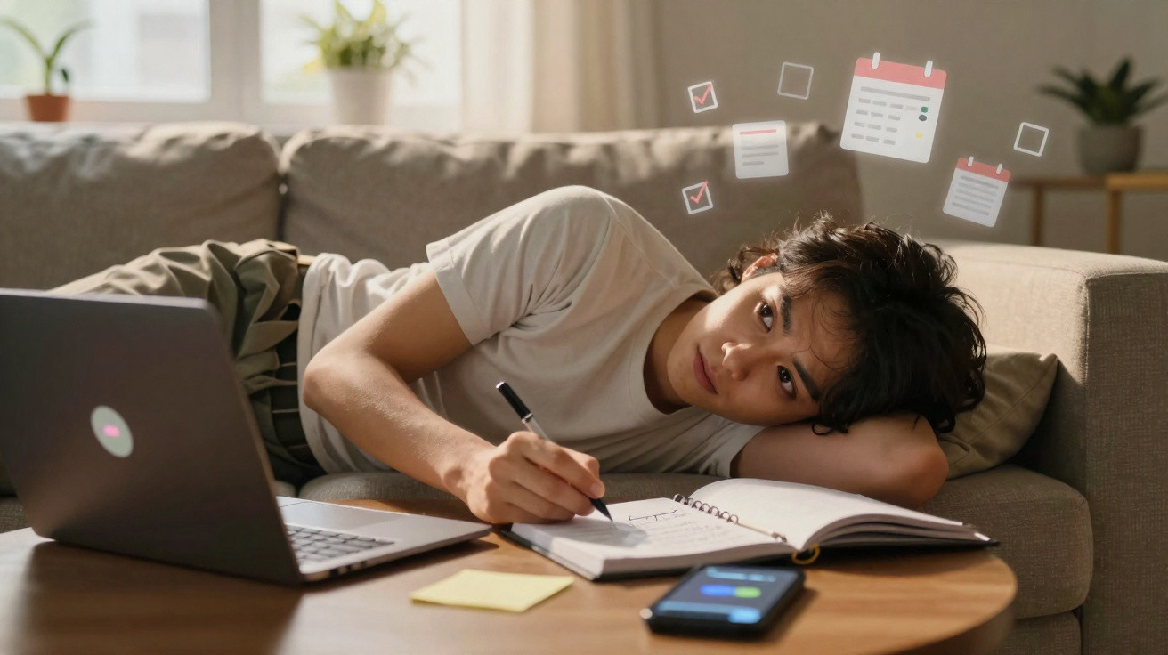 Pessoa deitada no sofá, a escrever num caderno, com laptop e telemóvel numa mesa à frente.