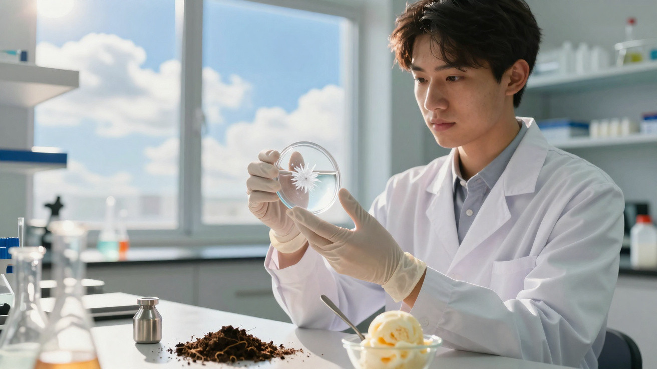 Cientista em laboratório a analisar cultura de microrganismo em placa de Petri, com amostras de solo e comida na mesa.